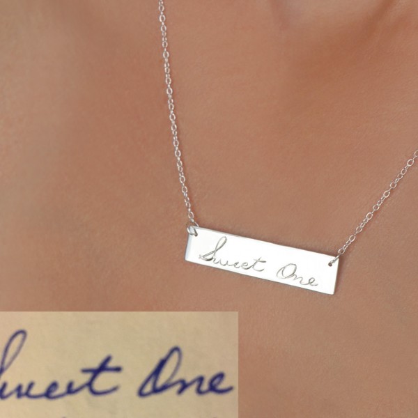 14K Gold Filled - Handwritten Bar Necklace, Engraved Signature Necklace - Name Necklace, Yellow or Rose Gold Filled