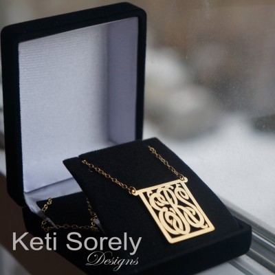 14K Gold Filled - Rectangle Monogram Necklace - Geometrical Shape Initials Necklace (Order Your Initials) Yellow Gold or Rose Gold