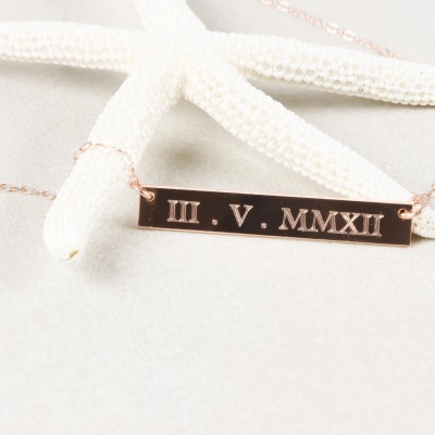 14K Rose Gold Filled Date Name Bar Nameplate Necklace, Name Plate Wedding Date roman numeral date Necklace