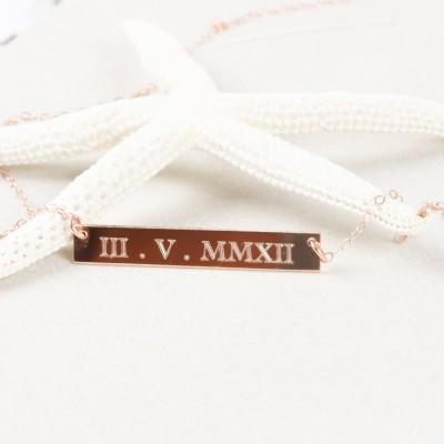 14K Rose Gold Filled Date Name Bar Nameplate Necklace, Name Plate Wedding Date roman numeral date Necklace