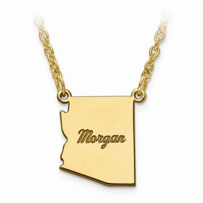 14K Yellow or White Gold Sterling Silver or Gold Plated Silver Arkansas AR State Map Name Necklace Personalized Engraved Monogram CMZ415