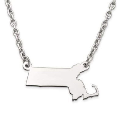 14K Yellow or White Gold Sterling Silver or Gold Plated Silver Massachusetts MA State Map Name Necklace Personalized Engraved Monogram