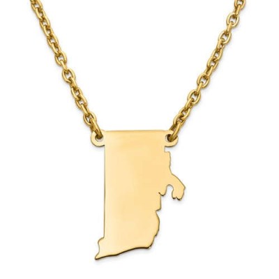 14K Yellow or White Gold Sterling Silver or Gold Plated Silver Rhode Island RI State Map Name Necklace Personalized Engraved Monogram CMZ415