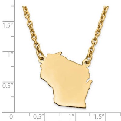 14K Yellow or White Gold Sterling Silver or Gold Plated Silver Wisconsin WI State Map Name Necklace Personalized Engraved Monogram