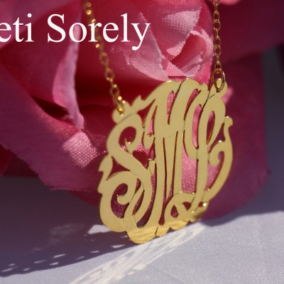 18K Solid Gold Monogrammed Initials Monogram Necklace (Order Any Initials) - Hand Made