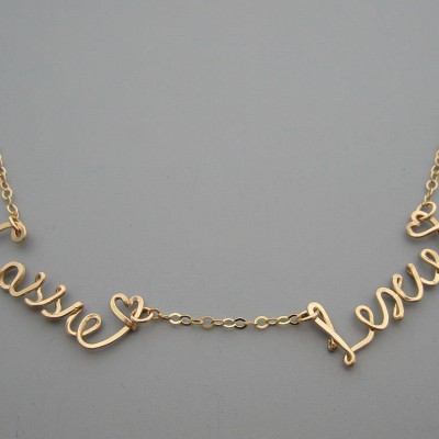 2 Name Necklace with Tiny Hearts - gold filled customized choker with two kids names for grandma or mom of twins