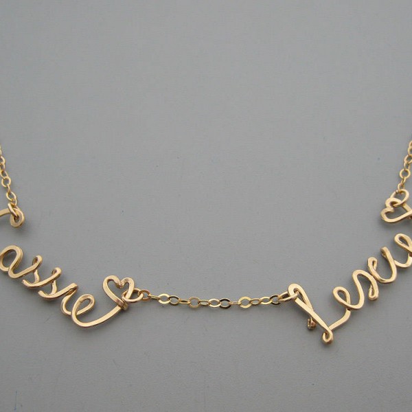 2 Name Necklace with Tiny Hearts - gold filled customized choker with two kids names for grandma or mom of twins