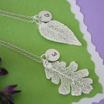 2 Silver Personalized Bridesmaids Gifts, Bridesmaid Necklace, Real Leaf, Thank You Card, Initial Jewelry, Sterling Silver Charm, Monogram