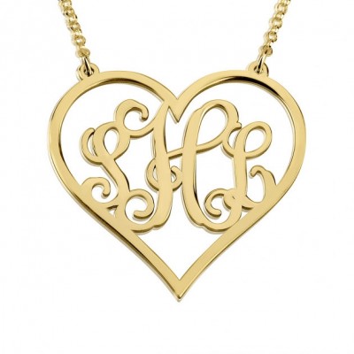 24K Gold Plated Heart Monogram Necklace 1.2" with chain