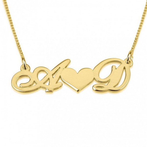 24K Gold Plated Sterling Silver Initials with heart Necklace
