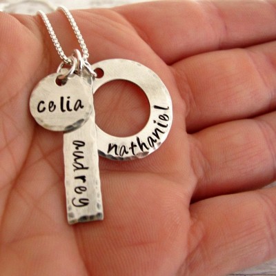3 Kid's Name Necklace, Personalized Mother's Necklace, Grandmother, Grandkids Names, Hand Stamped, Christmas Gift