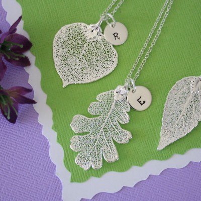 3 Silver Leaf Personalized Bridesmaids Necklaces, Bridesmaid Gifts, Real Leaf, Thank You Card, Initial Jewelry, Sterling Silver Charm