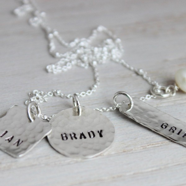 3 names mothers necklace | hand stamped sterling silver mommy neckace | personalized name tag jewelry | push present mixed shapes