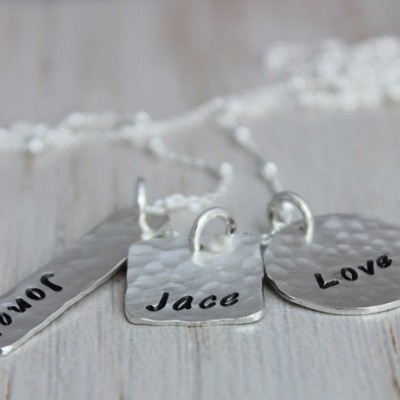 3 names personalized names mothers necklace | custom stamped names | sterling silver| mom with three kids | malisay designs mixed shapes