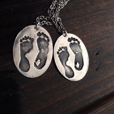 Actual Baby Footprint Pendant--LARGE DAD Tag--YOUR baby's footprint--Fine Silver--Double Footprint