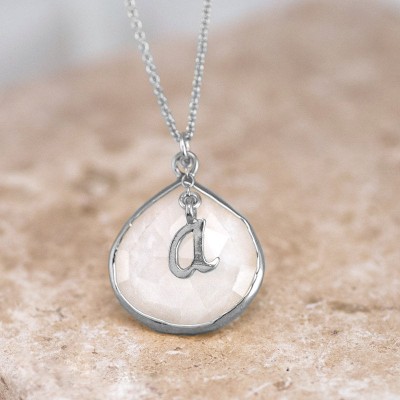 Agate Necklace Silver, White Gemstone Pendant, Personalized Initial Necklace, Custom Name Necklace, Simple Gemstone Necklace, Unique Gift