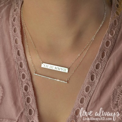 Anniversary Gift, Silver Bar Necklace, Personalized Necklace, Necklace for her, Roman numeral Necklace, custom bar necklace, LA104 + LA140