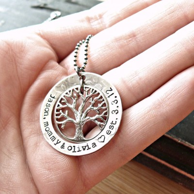 Antiqued Personalized Tree Washer Necklace - Personalized Tree Necklace - Personalized Family Tree Necklace - Sterling Silver Tree Necklace