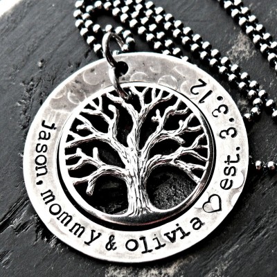 Antiqued Personalized Tree Washer Necklace - Personalized Tree Necklace - Personalized Family Tree Necklace - Sterling Silver Tree Necklace