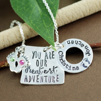 Baby Name Necklace, Birthdate Jewelry, You are our Greatest Adventure, Mothers Baby Feet Necklace, Personalized Mom Necklace, GIft for Mom