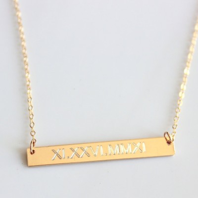 Bar Gold Roman Numeral Wedding Date Custom Personalized necklace Nameplate Engraved Horizontal Initial Monogram name neckla