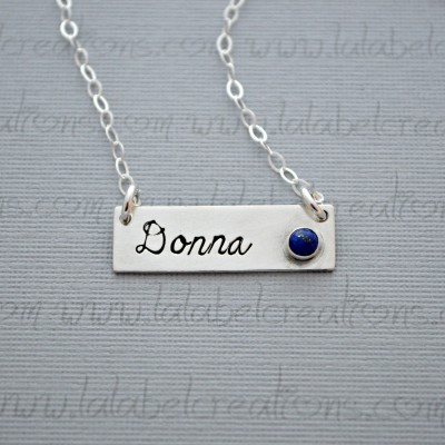 Bar Name Necklace Birthstone, Personalized Horizontal Bar Necklace, Nameplate Necklace Sterling Silver, Name and Birthstone Bar Necklace