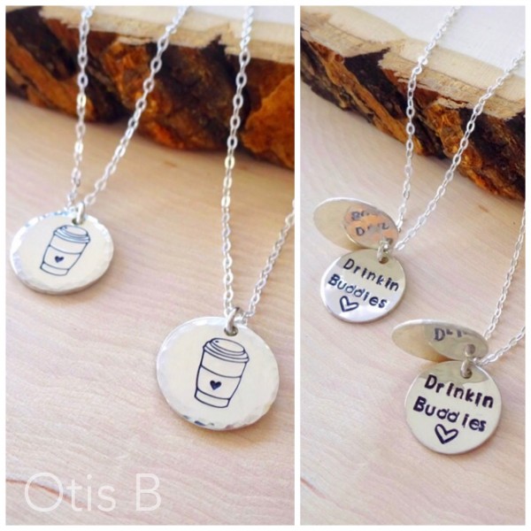 Best friend two necklace gift set, hand stamped, coffee lovers, coffee cups, Starbucks, drinking buddies, friendship jewelry, Otis B