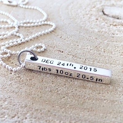 Birth Details Gift, New Mom Necklace, Custom Hand Stamped Necklace, Name Necklace, Personalized Jewelry, Rectangle Bar Jewelry