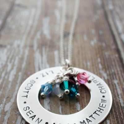 Birth Stone Eternity Necklace - Sterling Silver Grandmother Pendant with Names and Swarovski Birthstone Crystals - Gifts for Mom