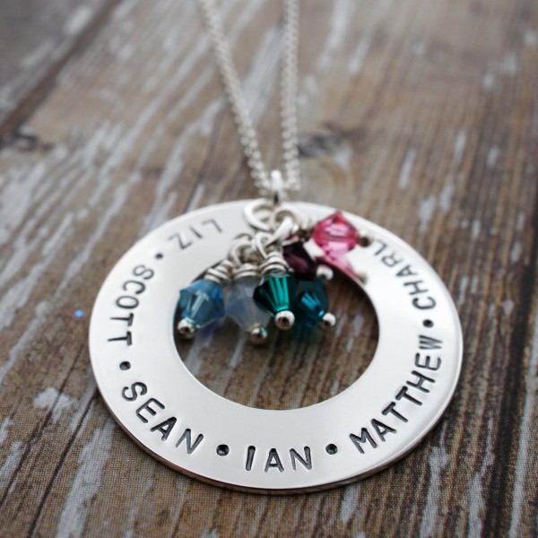 Birth Stone Eternity Necklace - Sterling Silver Grandmother Pendant with Names and Swarovski Birthstone Crystals - Gifts for Mom