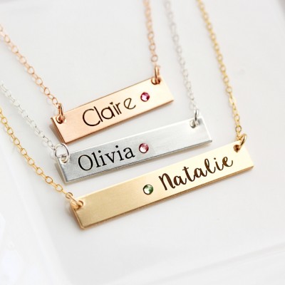 Birthstone Necklace - Thick Bar, Engraved Birthstone Name Necklace, Personalized Gift for Her, Necklace Custom Personalized Bridesmaid Gift