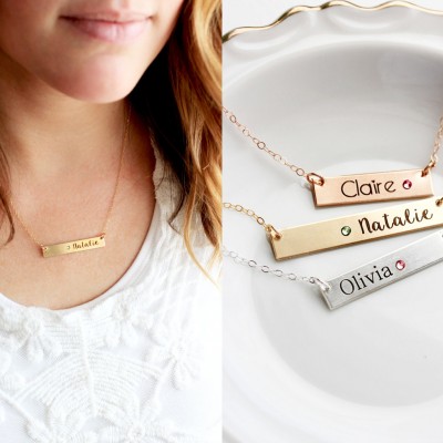 Birthstone Necklace - Thick Bar, Engraved Birthstone Name Necklace, Personalized Gift for Her, Necklace Custom Personalized Bridesmaid Gift