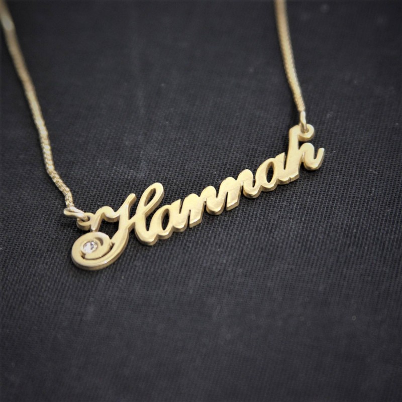 Birthstone Style Name Necklace Hannah Gold Plated Art Font Name Necklace Custom Handwriting Nameplate Name With Birthstone