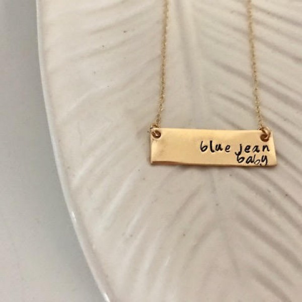 Blue Jean Baby Necklace | Gold Bar Necklace | Stamped Gold Bar Necklace | Song Lyric | Elton John Quote | Song Lyric Necklace