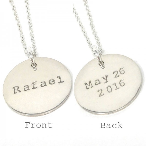 Celebrity Style Name Necklace with Date on the back - Double Sided Name Necklace - Personalized Silver Necklace