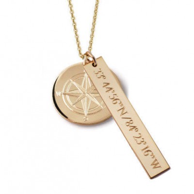 Compass Rose & vertical bar coordinate custom engraved necklace in  Rose gold fill, Yellow gold fill or sterling silver Nautical gifts