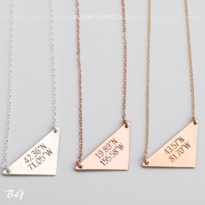 Coordinates Necklace,  Location GPS Custom Coordinates, Latitude Longitude, in 14k Gold Filled, Sterling Silver, RoseTriangle Necklace