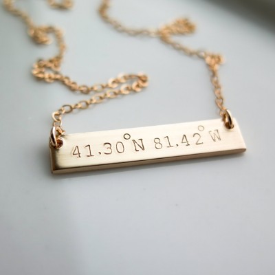 Coordinates THICK Gold Bar Necklace Double Sided with Custom Personalized Latitude and Longitude Hand Stamped by Betsy Farmer Designs