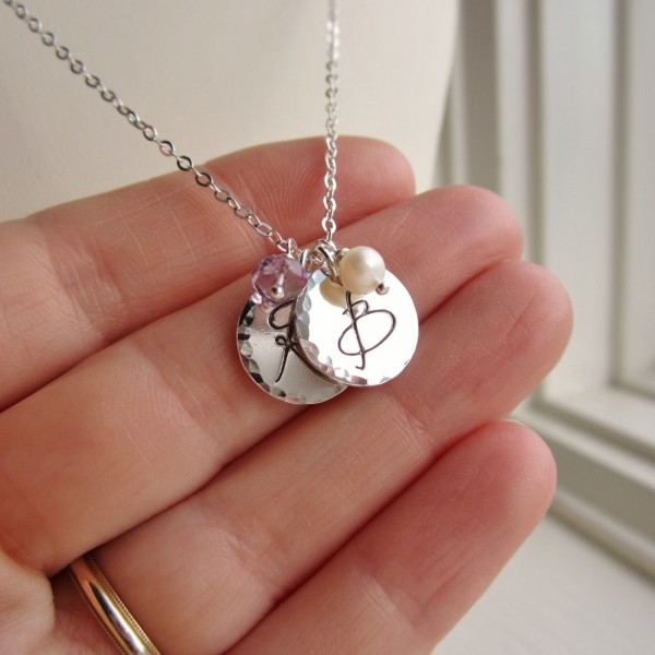 Couples necklace, personalized silver initial necklace, wife gift girlfriend gift , two initials custom birthstone necklace his her initials