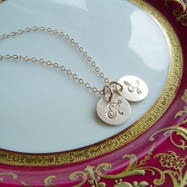 Couples or Mothers Necklace, 14K Gold fill 2 disc, Personalized, Handstamped, Mommy, Initial Necklace, Gift