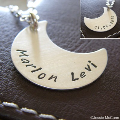 Crescent Moon Charm Necklace - Personalized Sterling Silver Hand Stamped Jewelry - Custom Pendant (Single-Side or Double-Side Stamping)