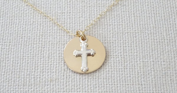 Cross necklace Sterling silver cross and Gold fill disc necklace Boy Christening jewelry Girl Baptis 246074720 9444