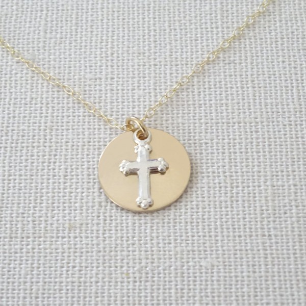 Cross necklace, Sterling silver cross and Gold fill disc necklace, Boy Christening jewelry, Girl Baptism Necklace, Dainty cross necklace