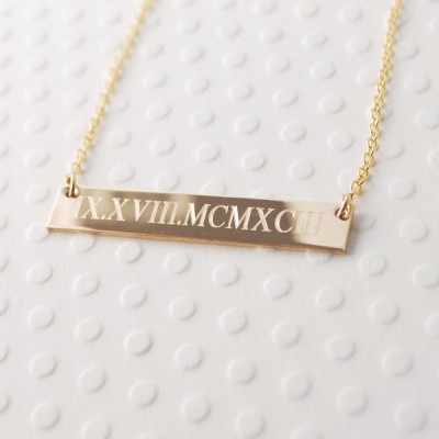 Custom Engraved 14k GOLD filled Roman Numeral horizontal bar nameplate necklace • personalized Wedding dates • Engagement • Anniversary