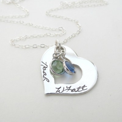 Custom Heart Necklace with Birthstone - Personalized Jewelry - Kids Names - Mothers Necklace - Grandma - Family - Hand Stamped - Engraved