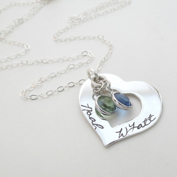 Custom Heart Necklace with Birthstone - Personalized Jewelry - Kids Names - Mothers Necklace - Grandma - Family - Hand Stamped - Engraved