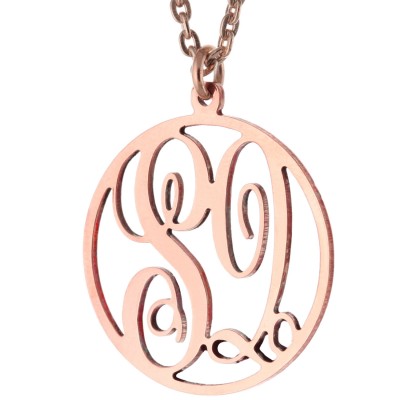Custom Made 2 Initials Monogram pattern Circle Necklace in 14k Rose Gold Clad 925 Sterling Silver - Monogram Necklace - Nameplate Necklace