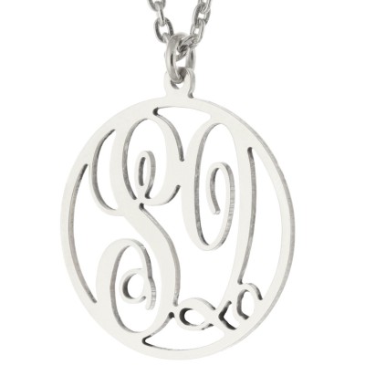 Custom Made 2 Initials Monogram pattern Circle Necklace in Rhodium White Gold Clad 925 Sterling Silver