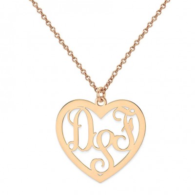 Custom Made 3 Initials Monogram Heart Necklace in 14k Rose Gold Over 925 Sterling Silver - Monogram Necklace - Nameplate Necklace