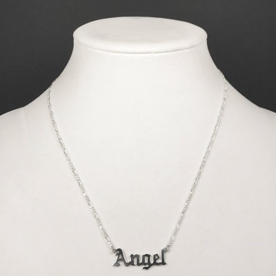 Custom Name Necklace Old English Gothic Font in Sterling Silver with Figaro Chain